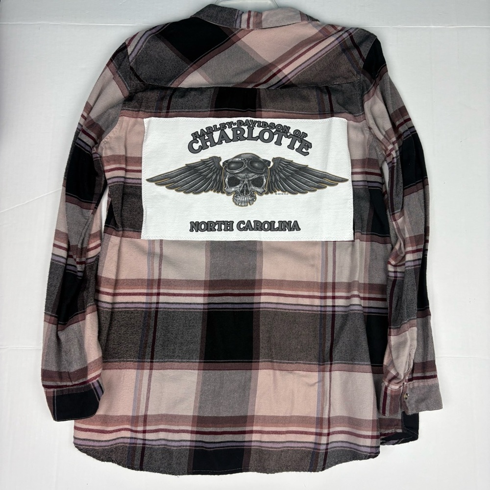 Upcycled Harley Davidson Women Medium Shirt Plaid Flannel Skull Charlotte NC